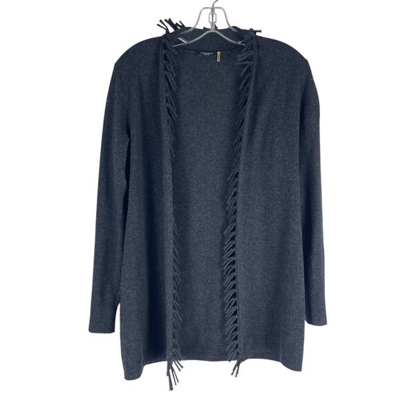 Magaschoni 100% Cashmere Fringe Trim Open Front Cardigan Gray Size XS - Picture 2 of 8